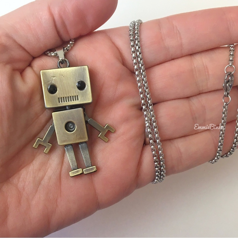 New Metal Robot 2 Sided Smaller Version Pendant Necklace, Stainless Steel - Picture 4 of 16